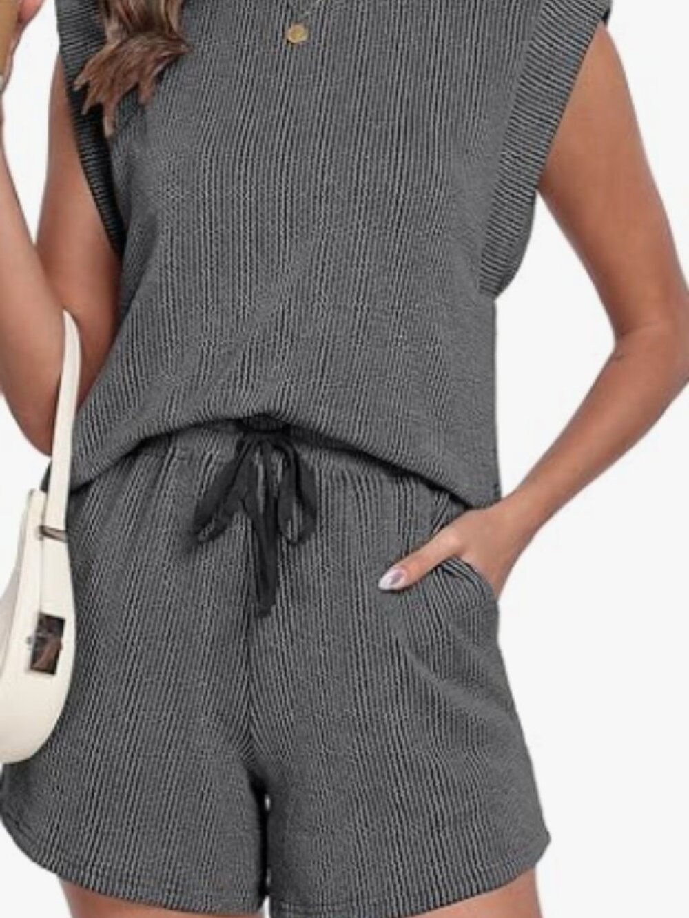 Prinstory Black and Grey Ribbed Sleeveless Top and Shorts Set size Large